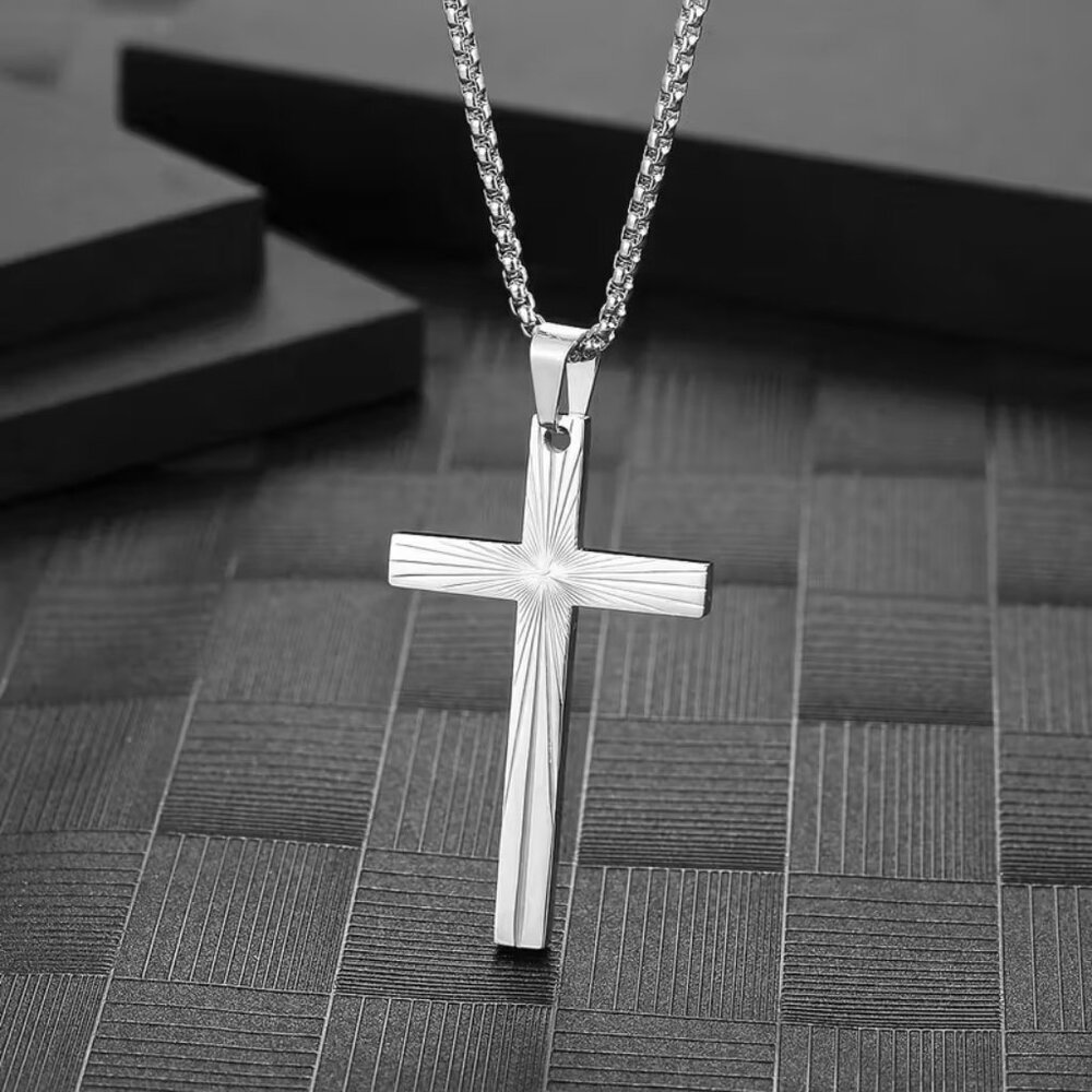 Silver Christian Cross Pendant Necklace Sunburst Etched Chain Faith Jewelry Gift